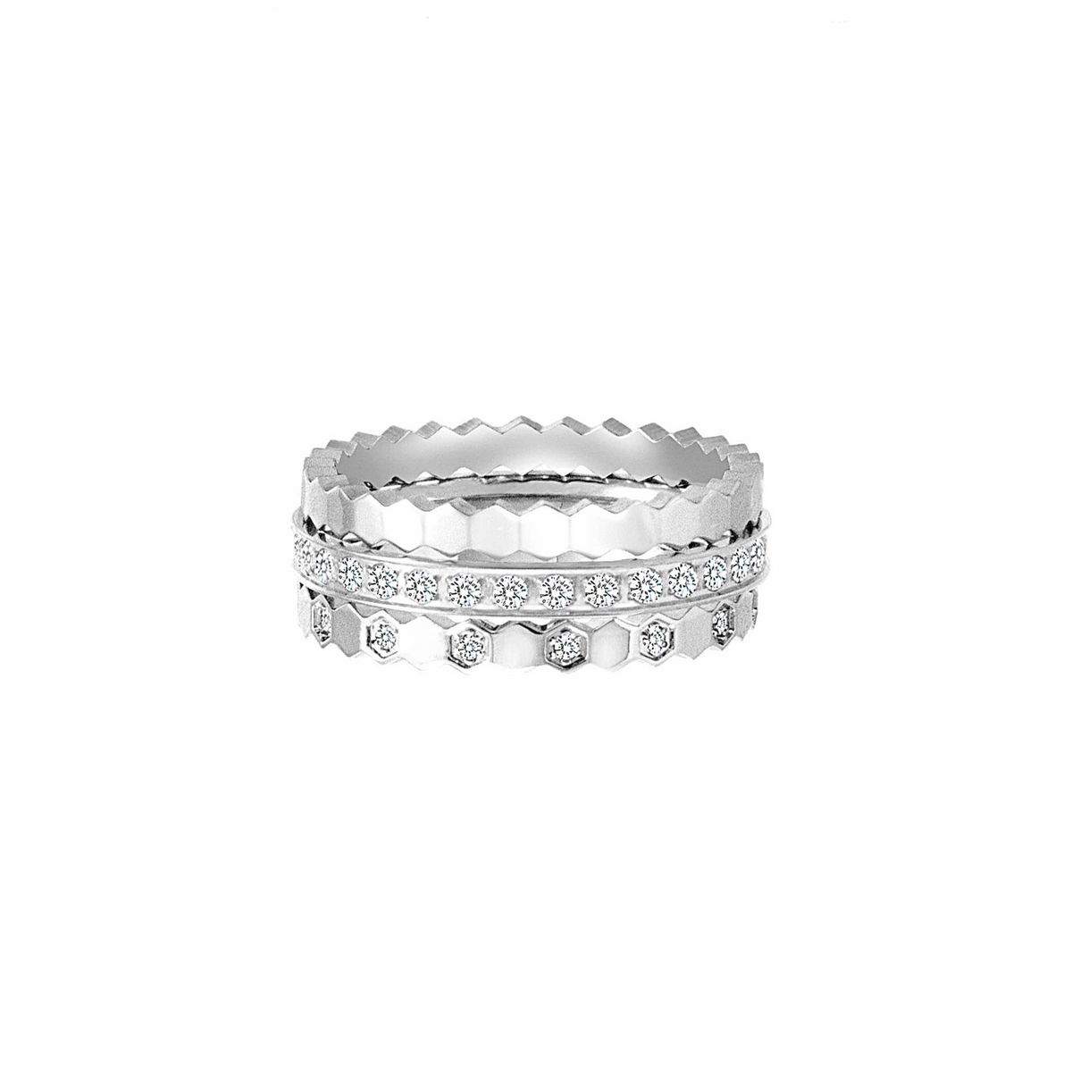 Front view of Silver Mon Rêve hexagonal stackable ring trio
