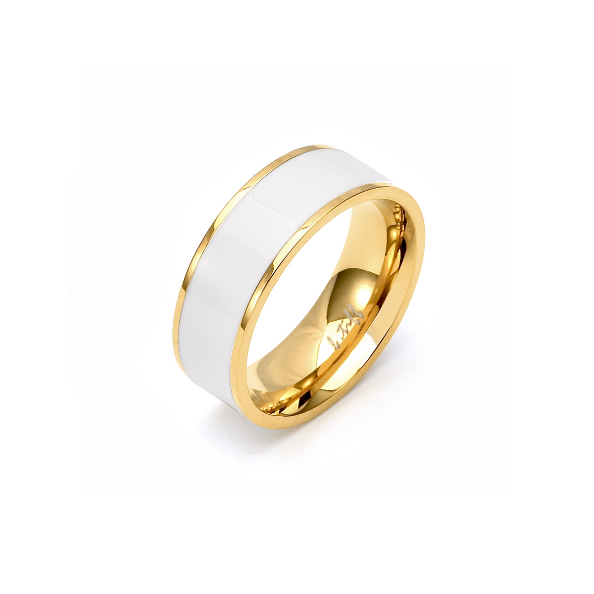 Gold-plated wide-band ring with white enamel