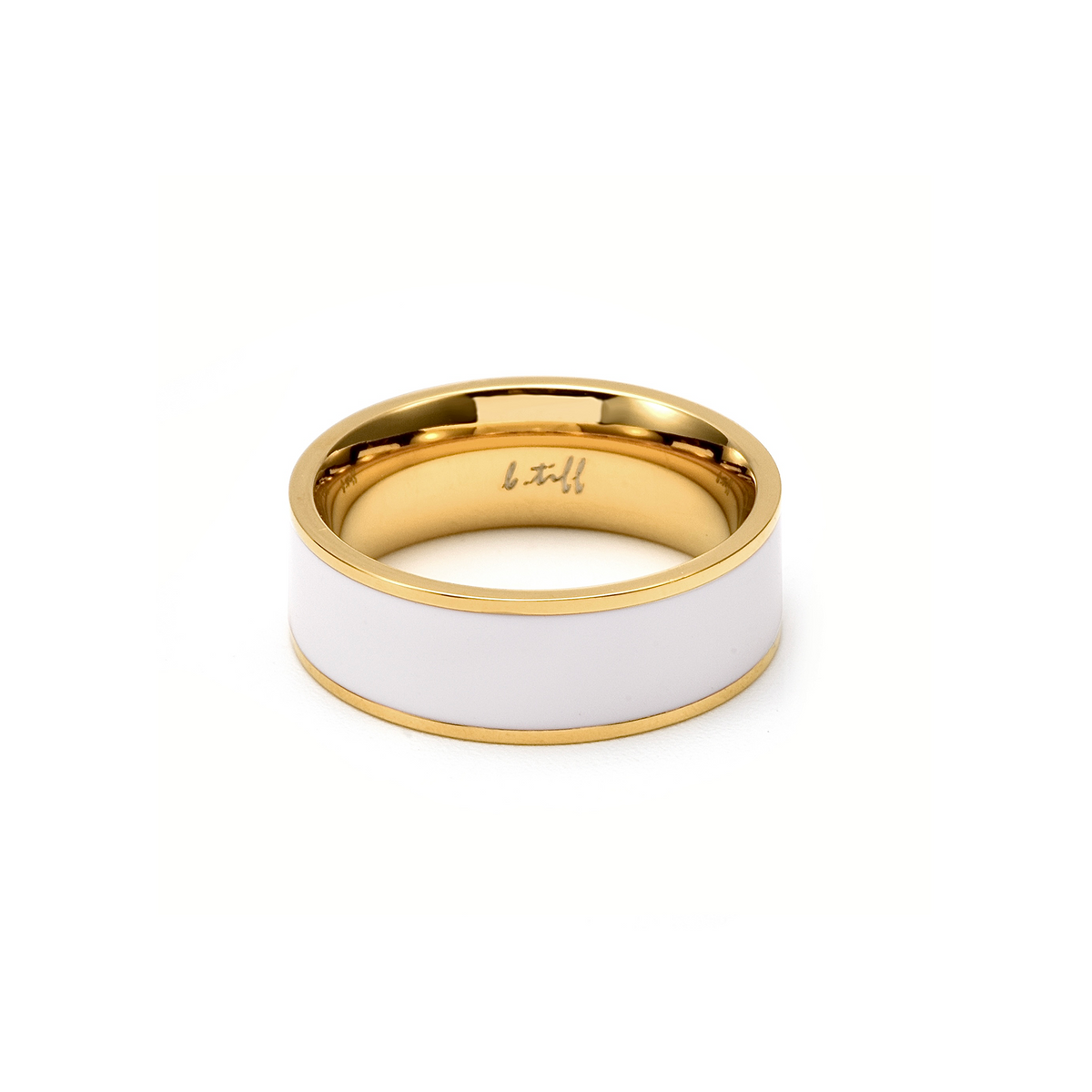 Gold-plated wide-band ring with white enamel