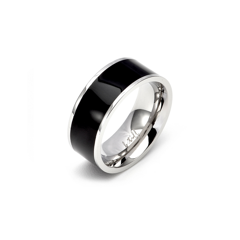 Luxe Black Enamel & Stainless Ring [Wide Band]
