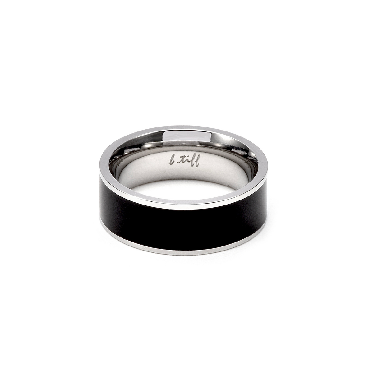 Black enamel and stainless steel wide-band ring