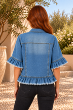 Raw-Edge Denim Ruffle-Hem Jacket