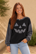 Rhinestone Pumpkin Contrast Sleeve Top