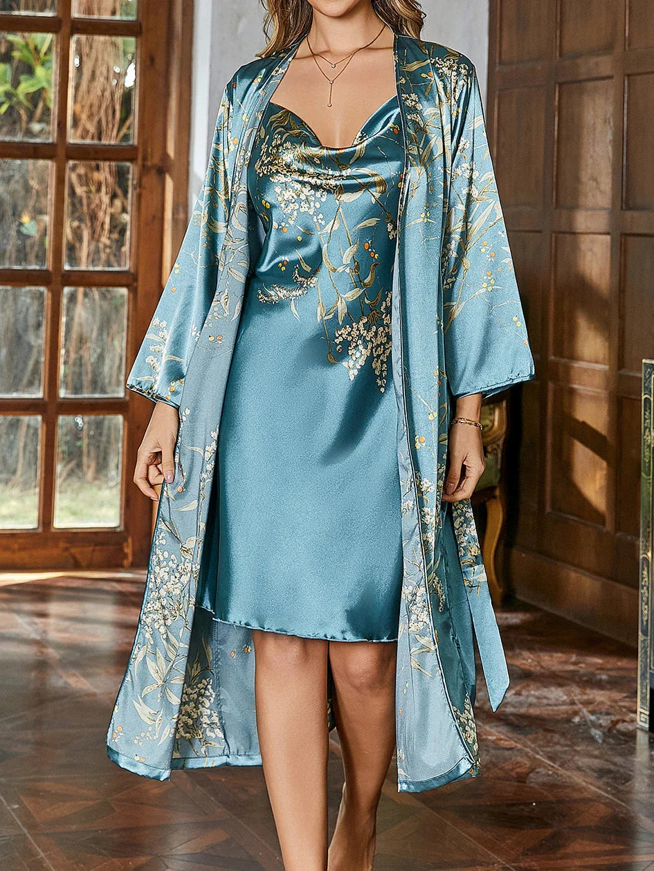 Satin robe and slip nightgown two-piece lounge set