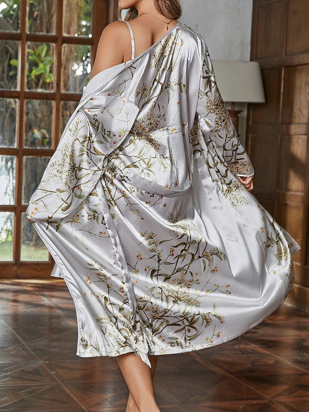 Satin robe and slip nightgown two-piece lounge set