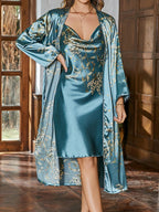 Satin robe and slip nightgown two-piece lounge set