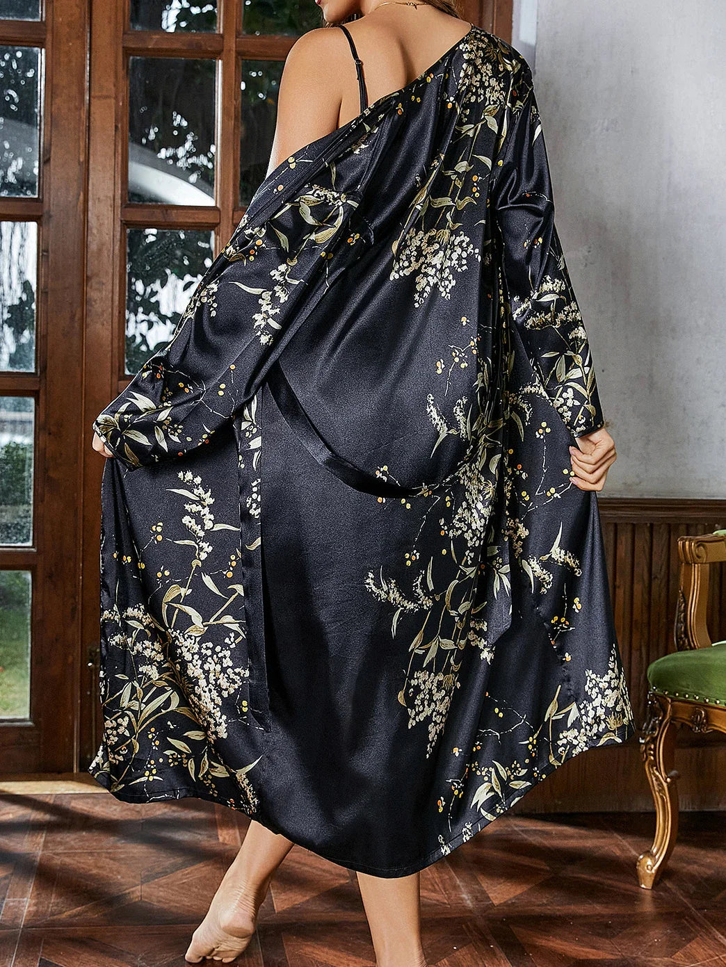 Satin robe and slip nightgown two-piece lounge set