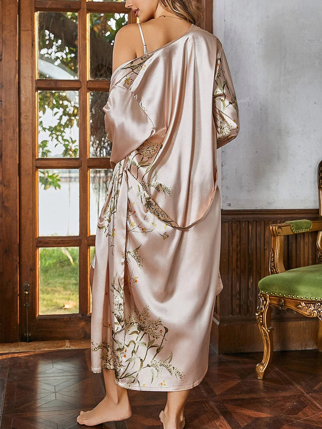 Satin robe and slip nightgown two-piece lounge set