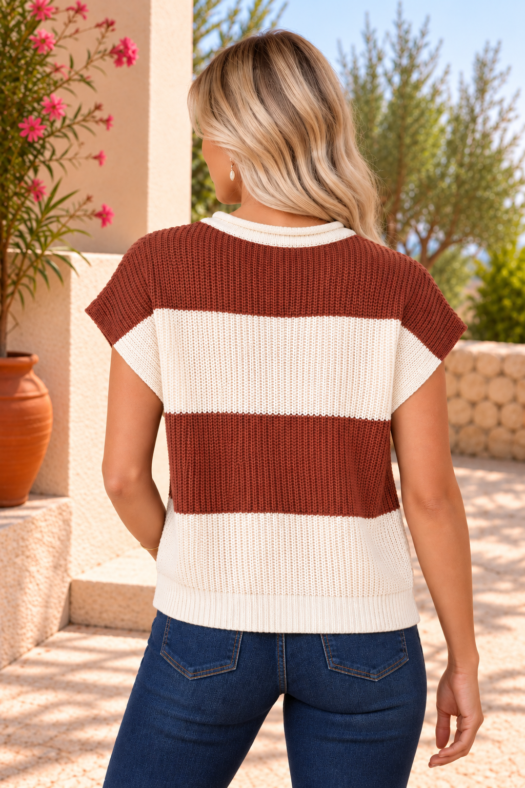 Stripe Colorblock V-Neck Knit Top — brown stripe back view
