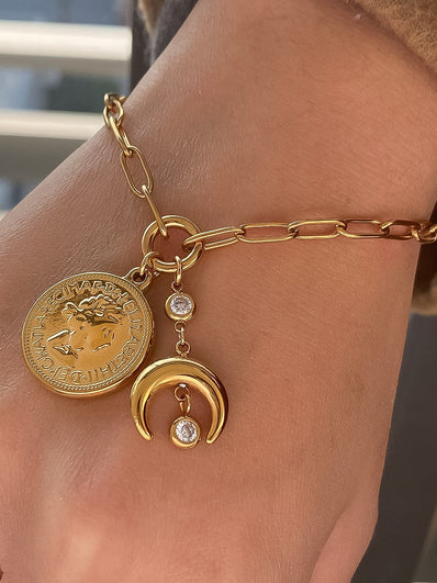 Vesta Paperclip Chain Bracelet With Coin & Moon Charms