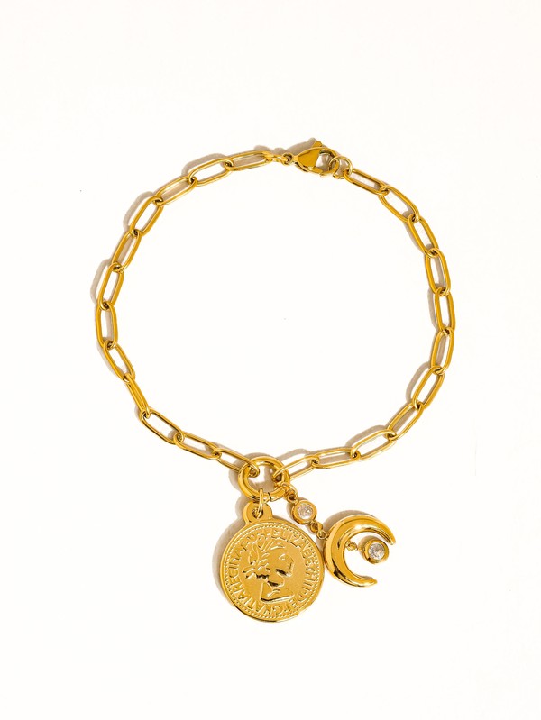 Vesta Paperclip Chain Bracelet With Coin & Moon Charms