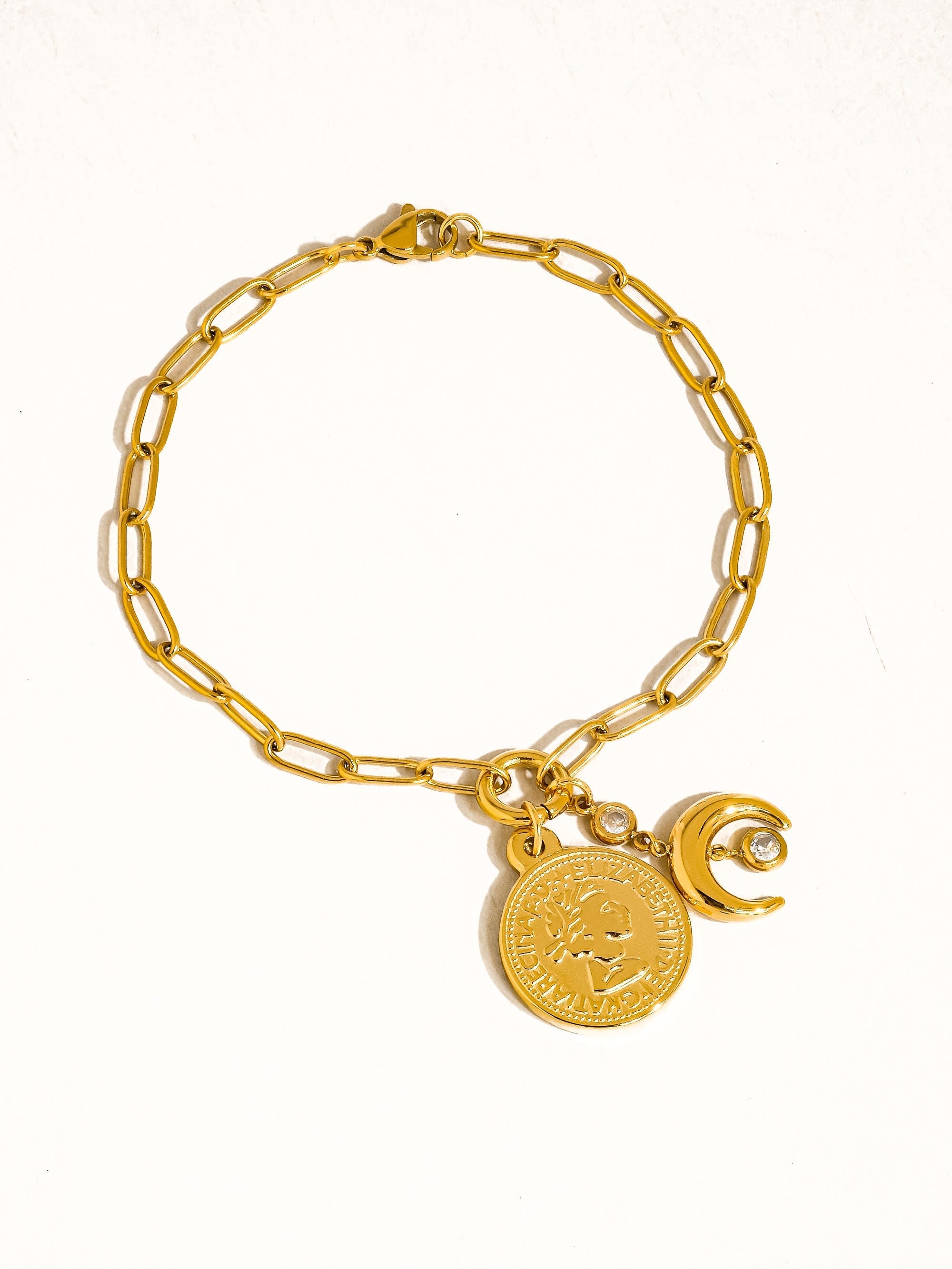Vesta Paperclip Chain Bracelet With Coin & Moon Charms
