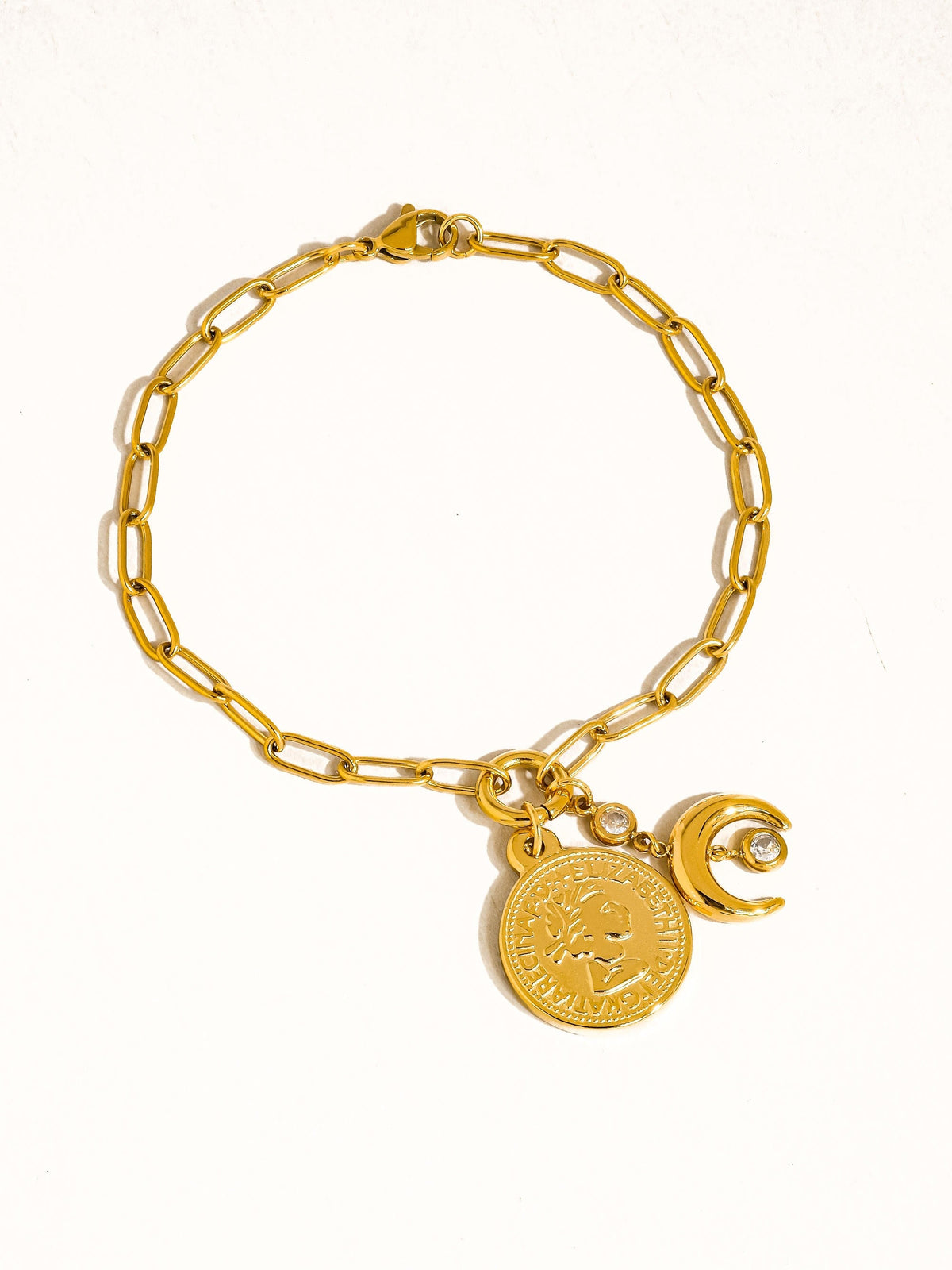 Vesta paperclip bracelet with coin and moon charms