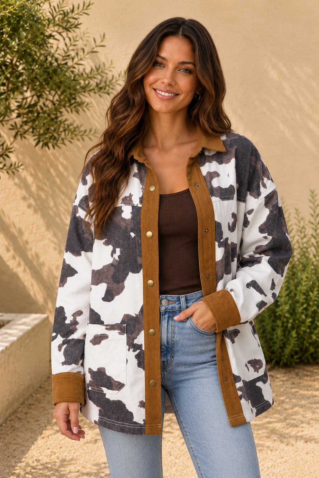 Western Cow-Print Denim & Corduroy Jacket
