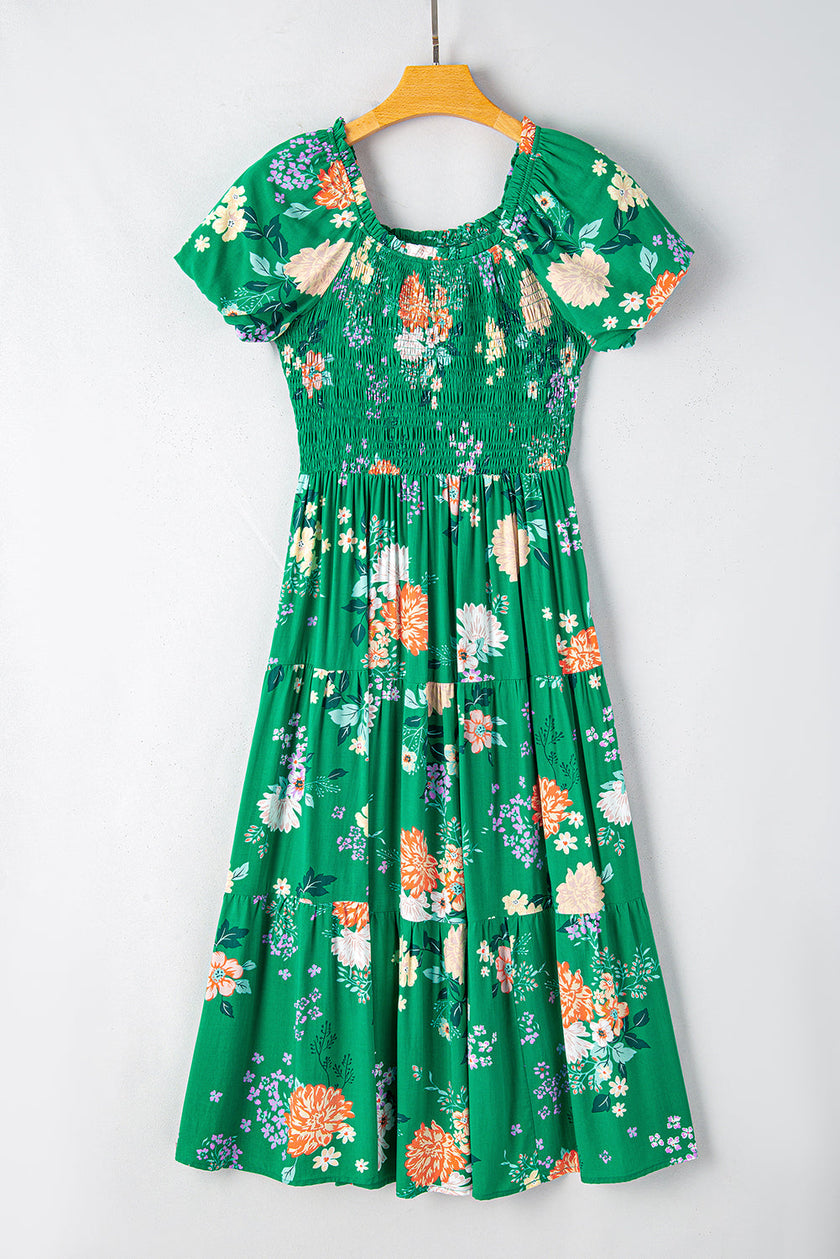Floral Bubble Sleeve Smocked Tiered Dress
