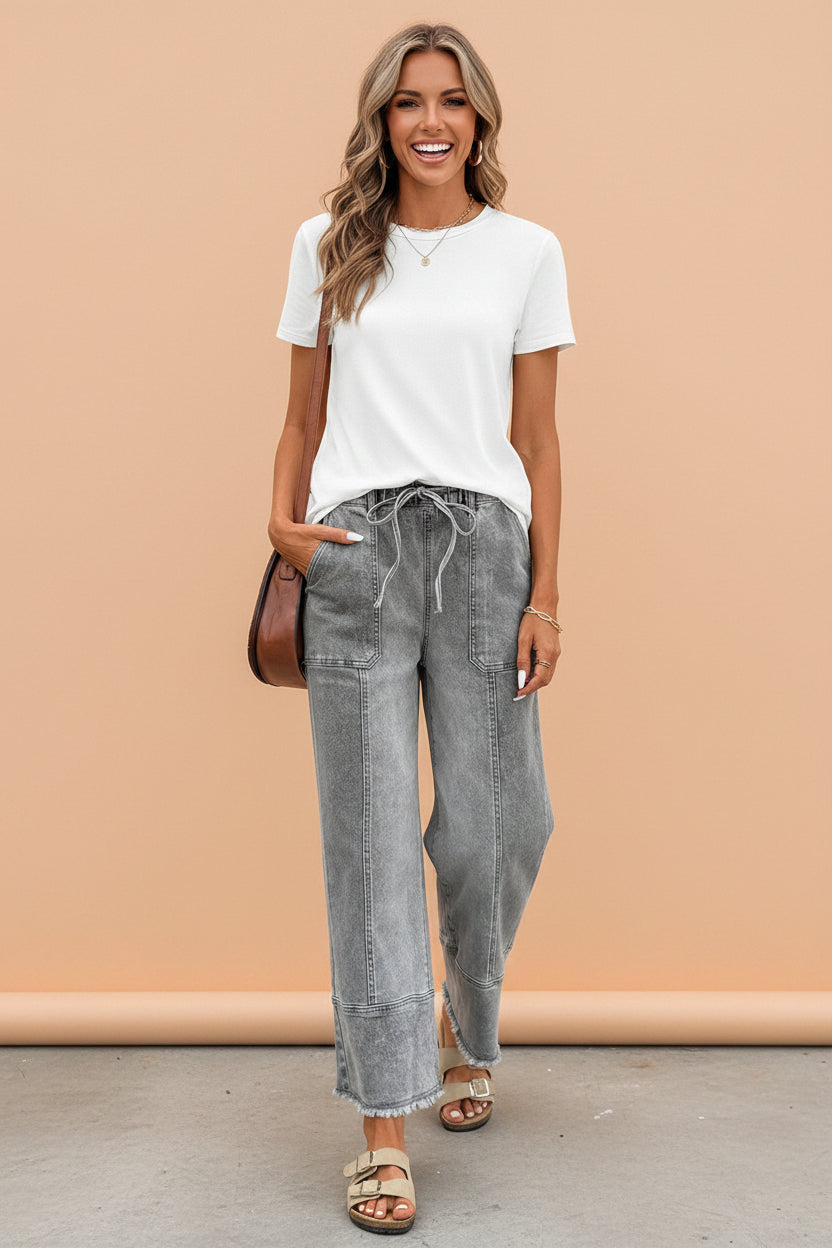Raw Hem Denim Drawstring Wide Leg Pants