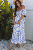 Floral Square Neck Bubble Sleeve Maxi Dress