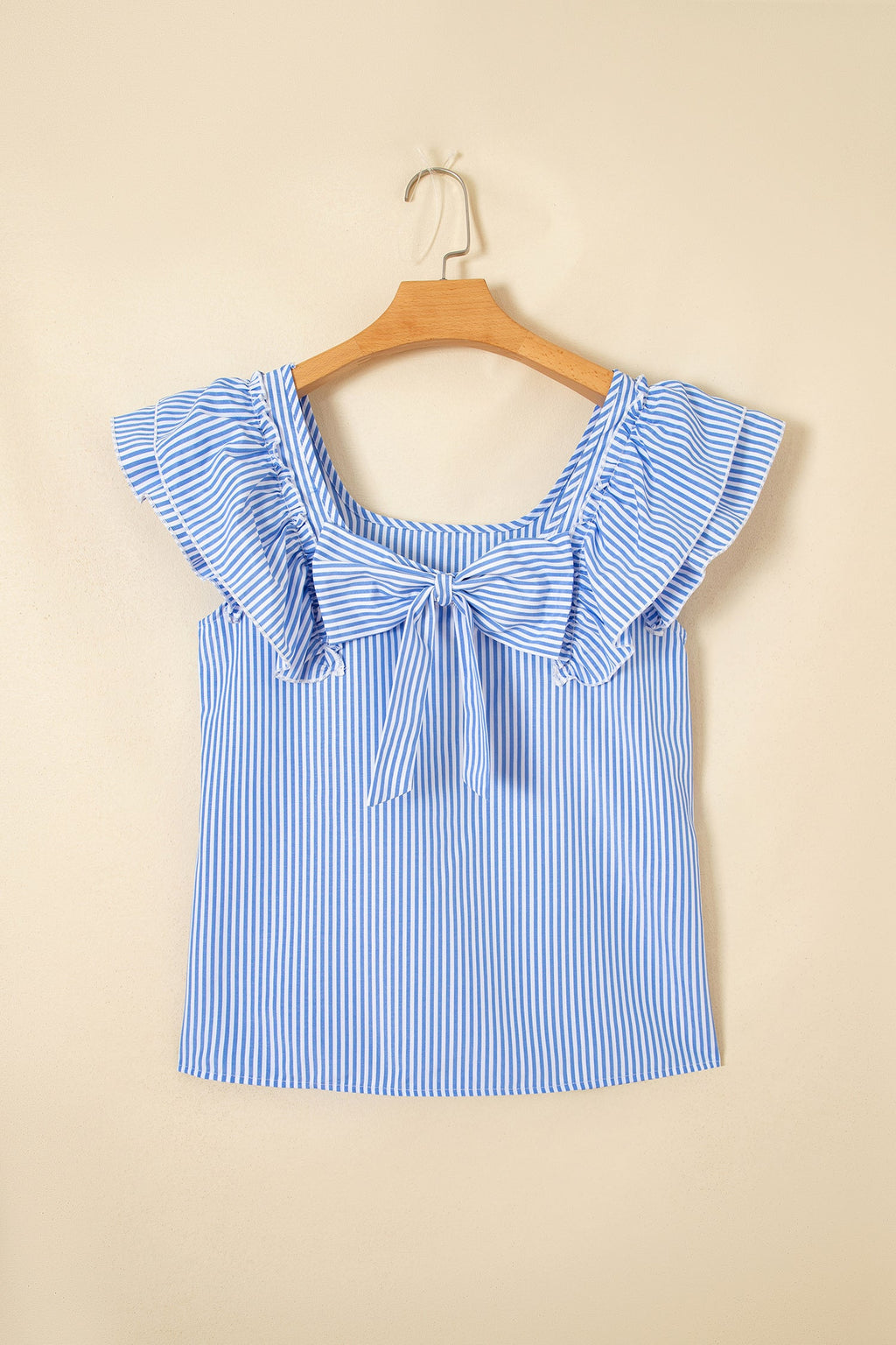 Striped bow-back blouse with ruffle sleeves and square neckline