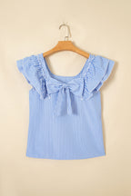 Striped bow-back blouse with ruffle sleeves and square neckline