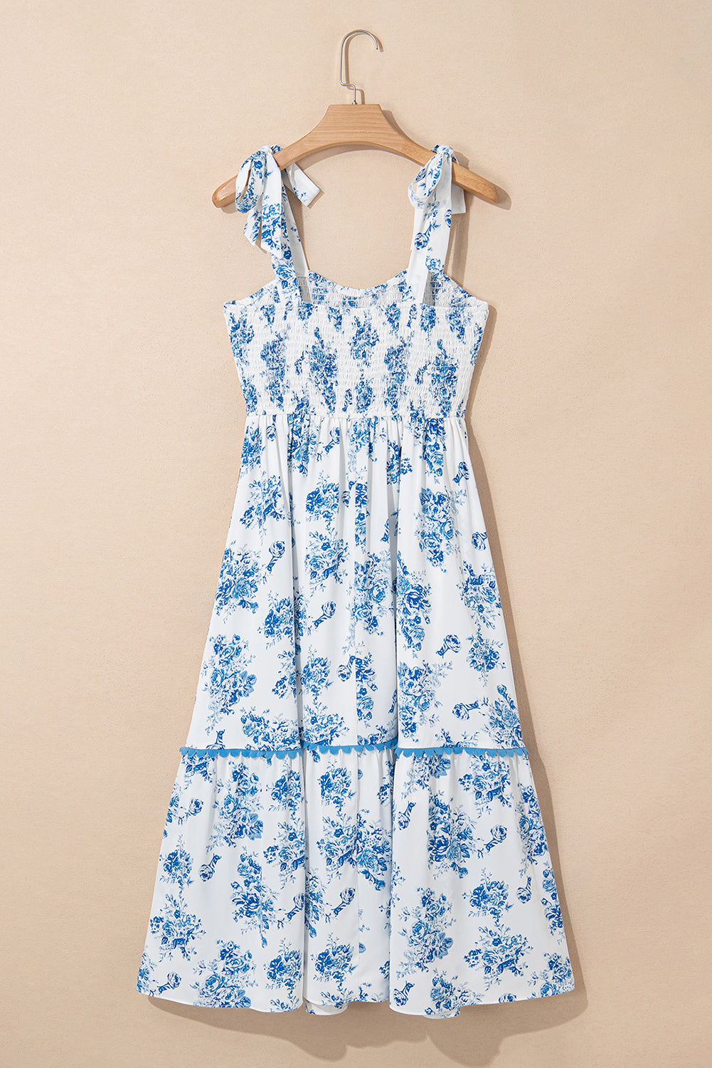 Floral Shirred Bodice Knot Shoulder Dress