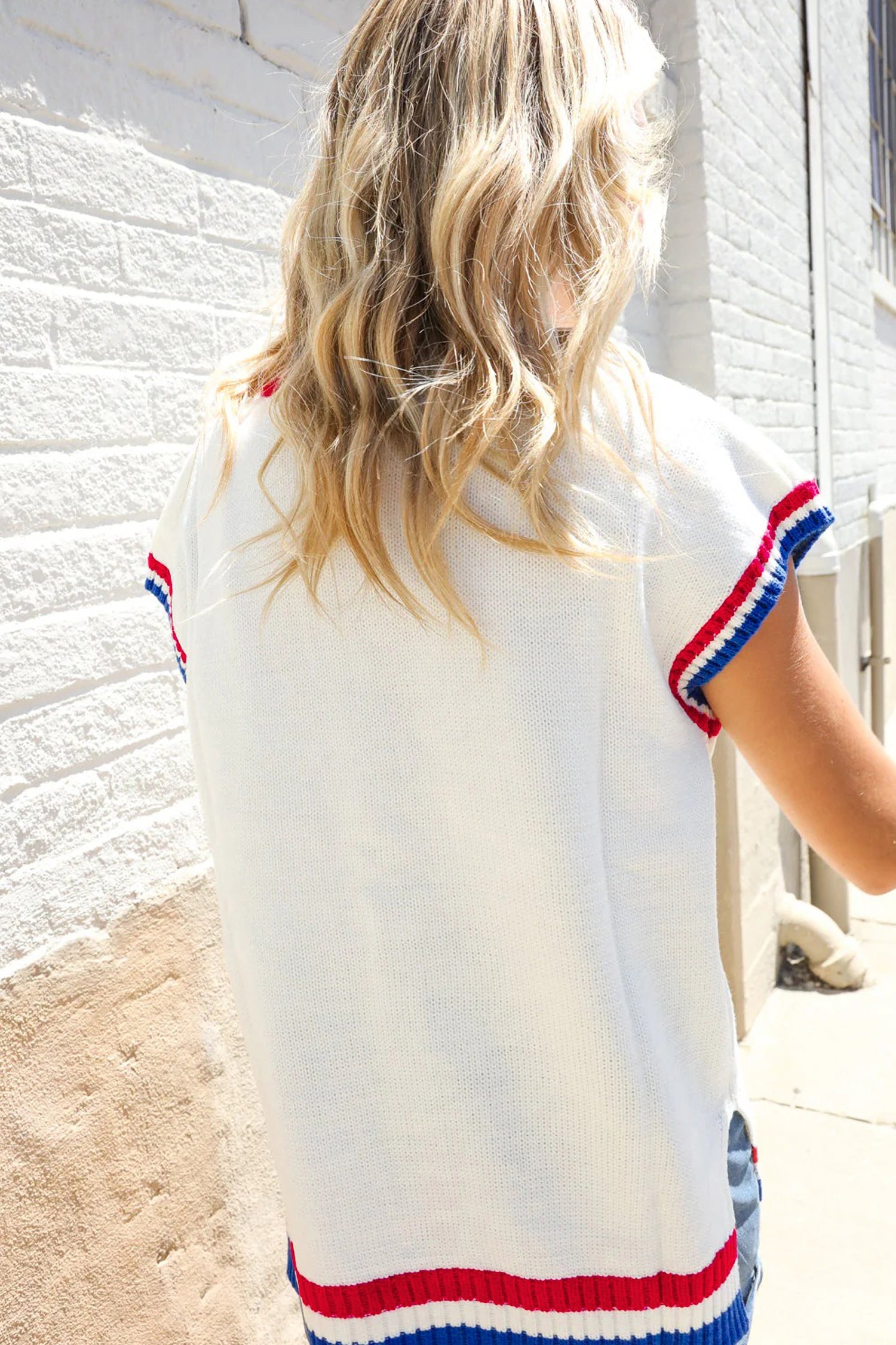 Varsity-Inspired USA Stripe Contrast Trim Sweater