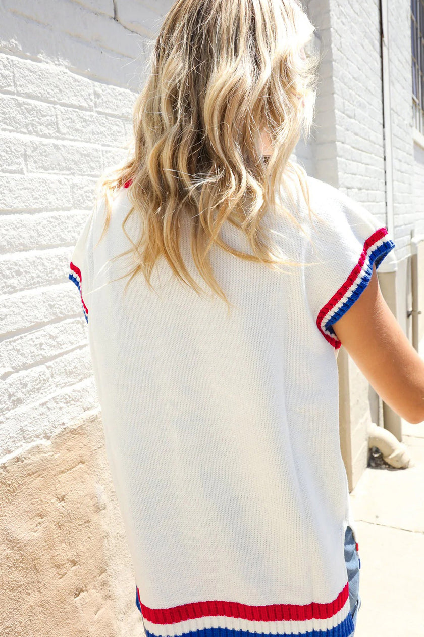 Varsity-Inspired USA Stripe Contrast Trim Sweater