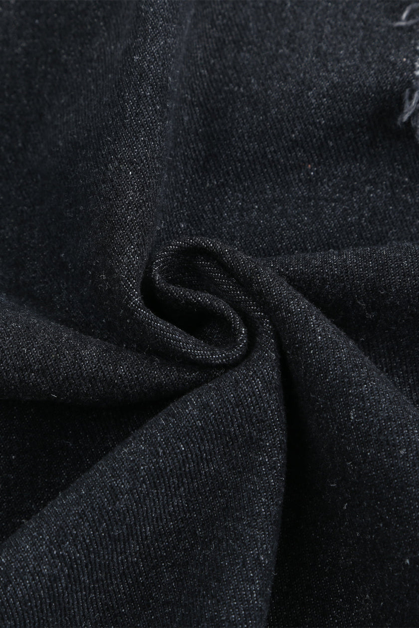 Denim Lapel Distressed Raw Hem Buttoned Jacket