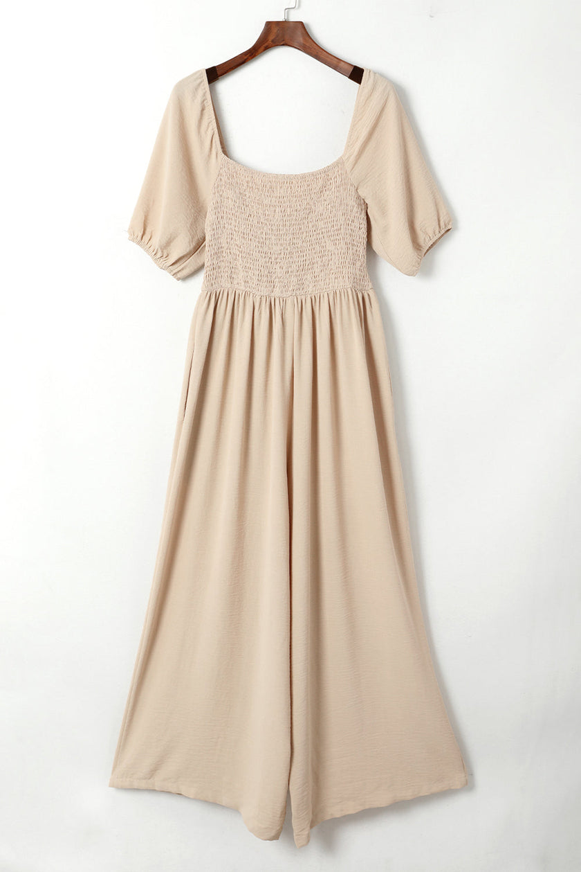 Bubble Sleeve Smocked Wide Leg Jumpsuit