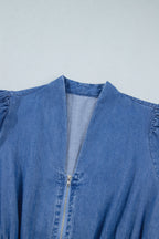 Denim zip-front dress with shirred waist and puff sleeves