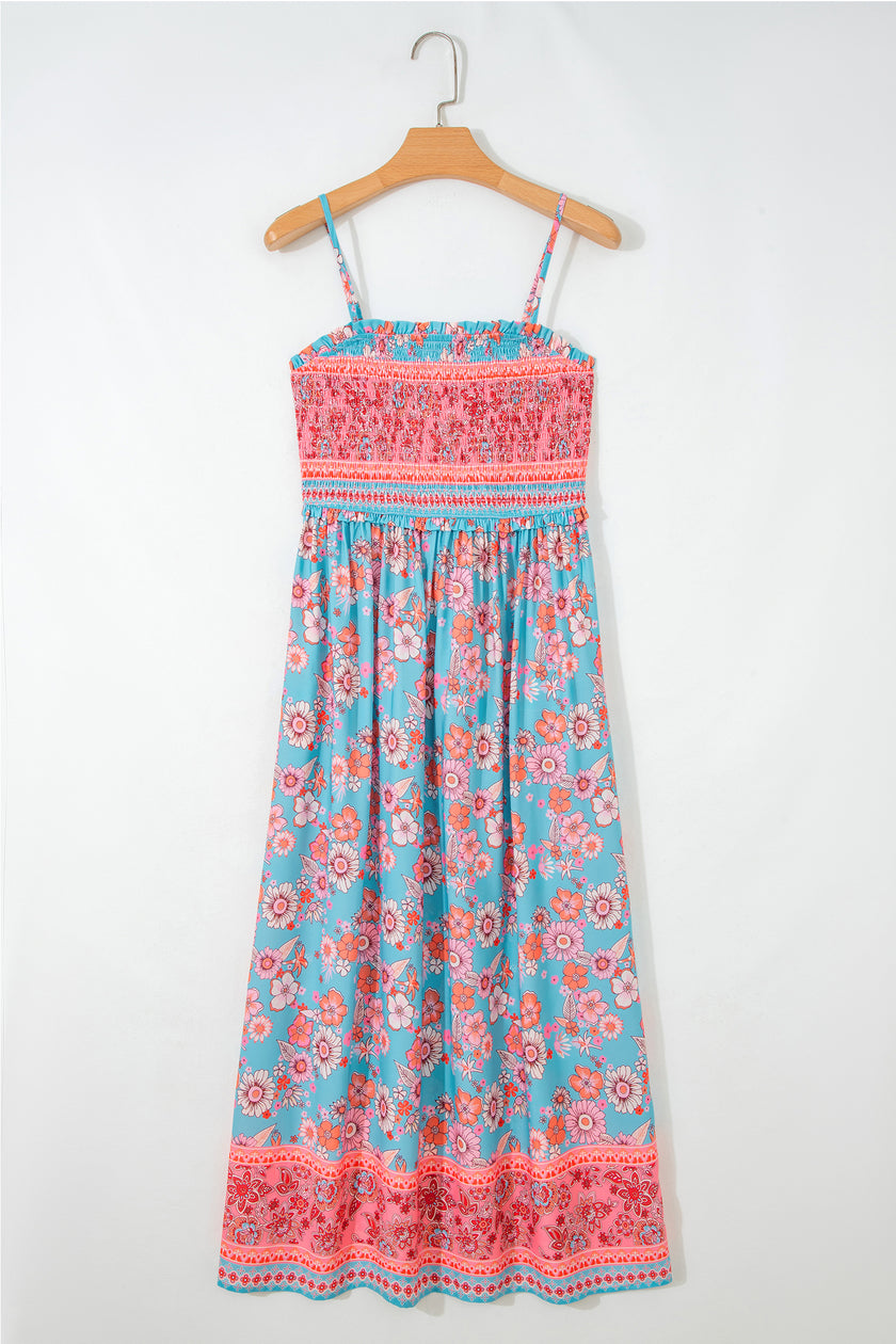 Sky Blue Bohemian Ethnic Print Spaghetti Straps Vacation Maxi Dress