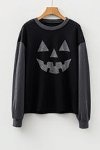 Rhinestone Pumpkin Contrast Sleeve Top — front view with rhinestone pumpkin face
