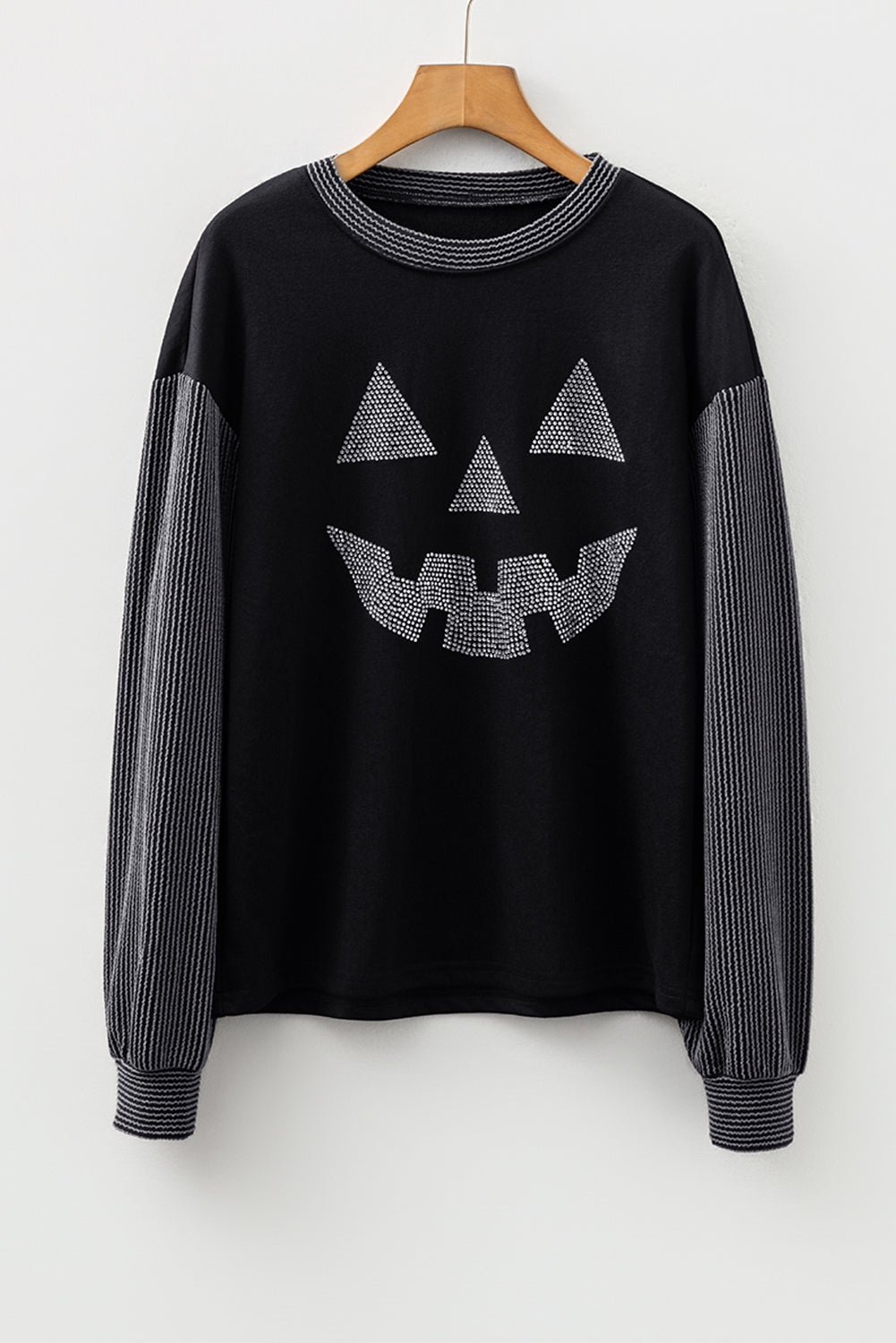 Rhinestone Pumpkin Contrast Sleeve Top — front view with rhinestone pumpkin face