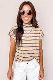 Stripe Mock Neck Short Sleeve Loose Top