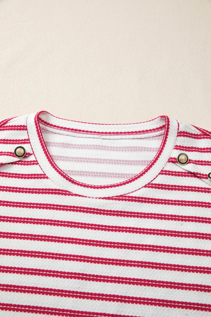 Stripe Textured Knit Buttoned Shoulder Short Sleeve Tee