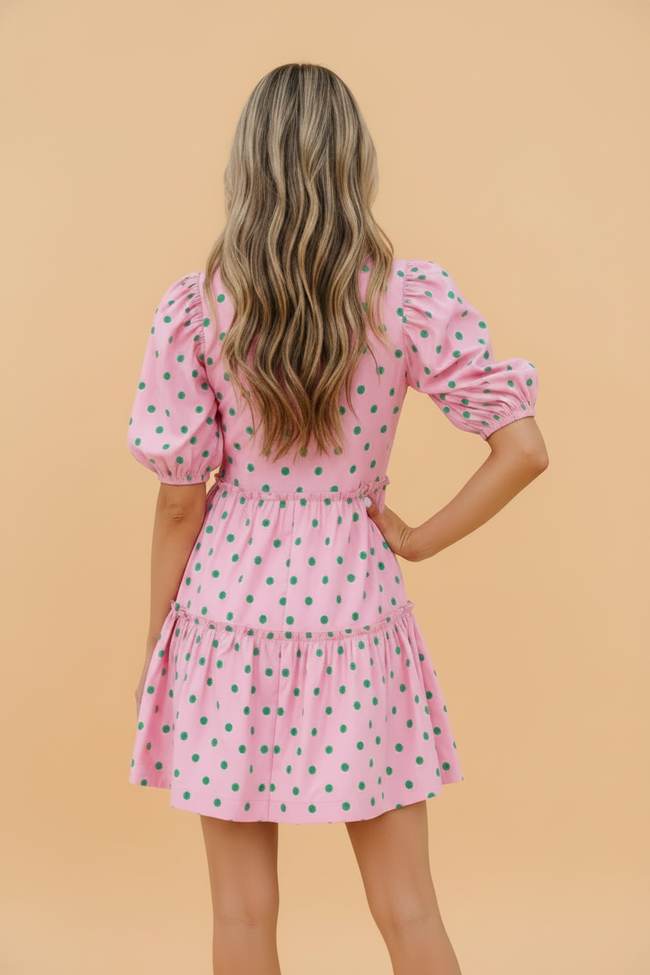 Polka Dot V-Neck Short Sleeve Tiered Mini Dress