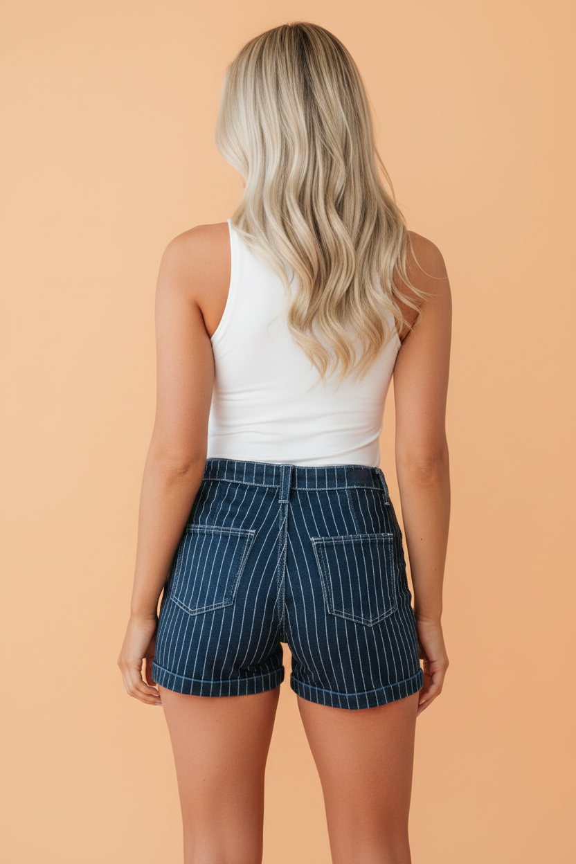Unique Denim Stripe Button Detail Shorts