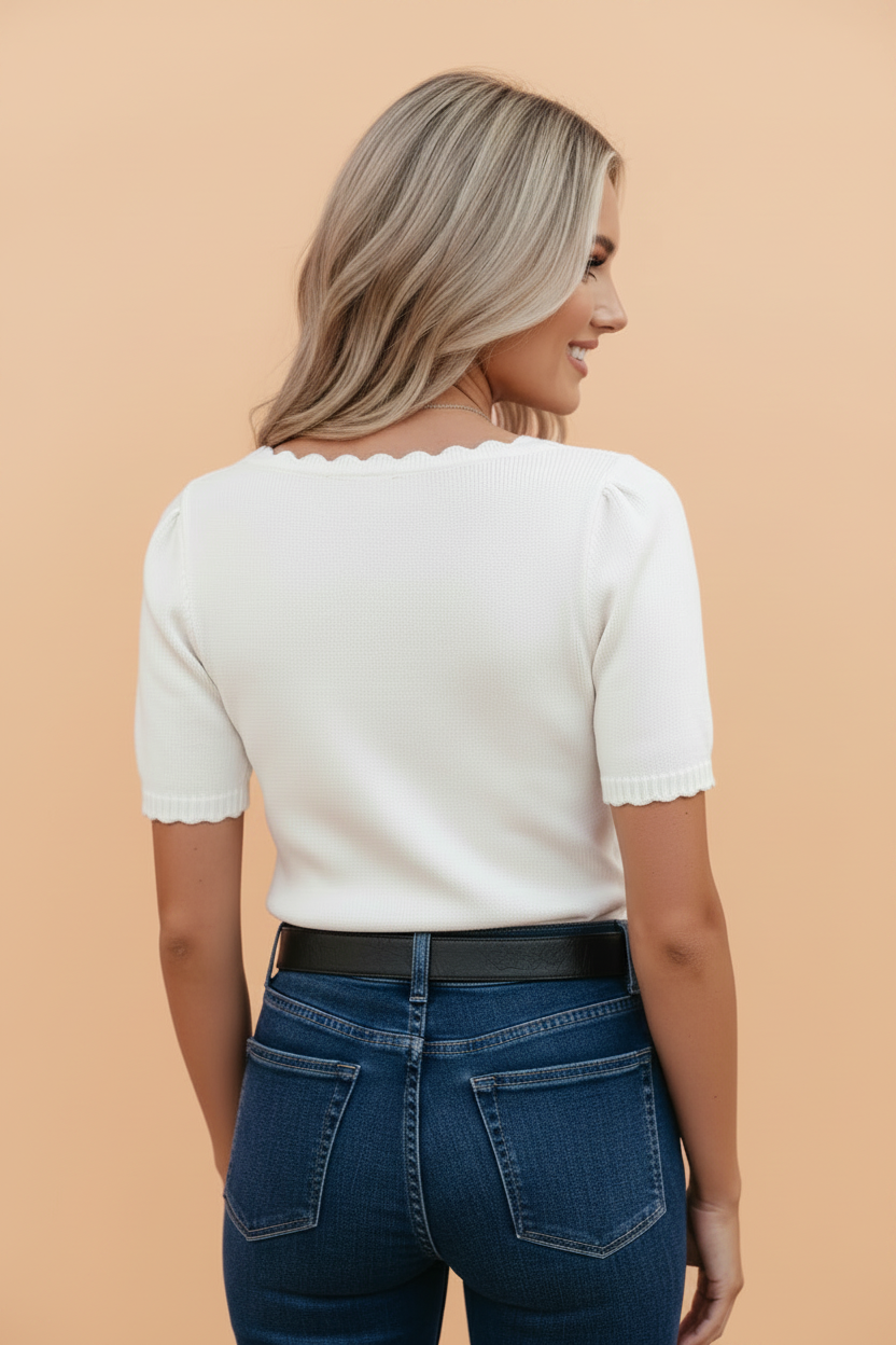 Western Floral Scalloped Neck Knit Top
