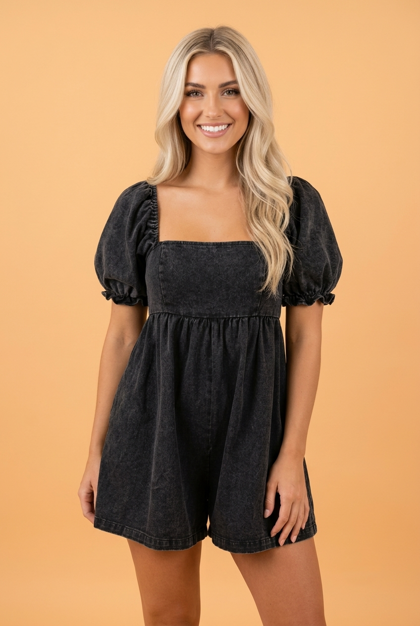 Charming Denim Square Neck Smocked Puff Sleeve Romper