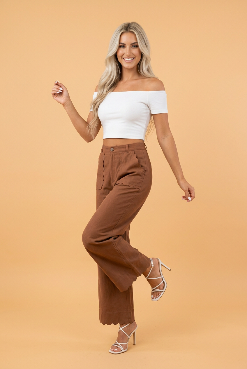 Scalloped Edge Pocketed High Waist Pants