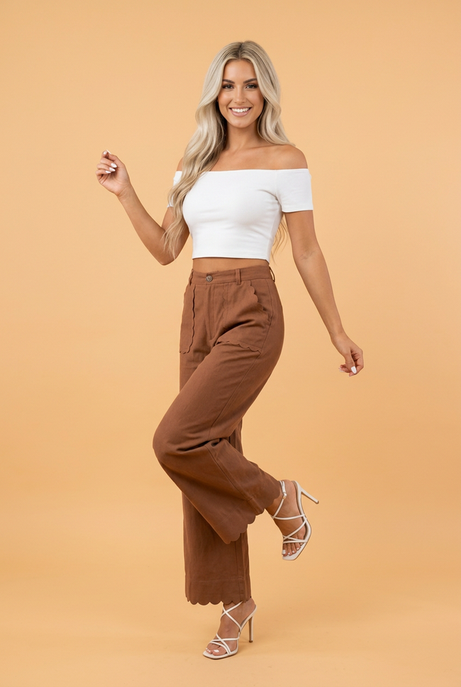 Scalloped Edge Pocketed High Waist Pants