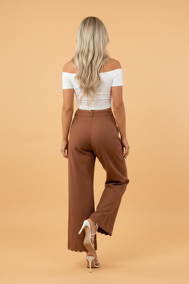 Scalloped Edge Pocketed High Waist Pants
