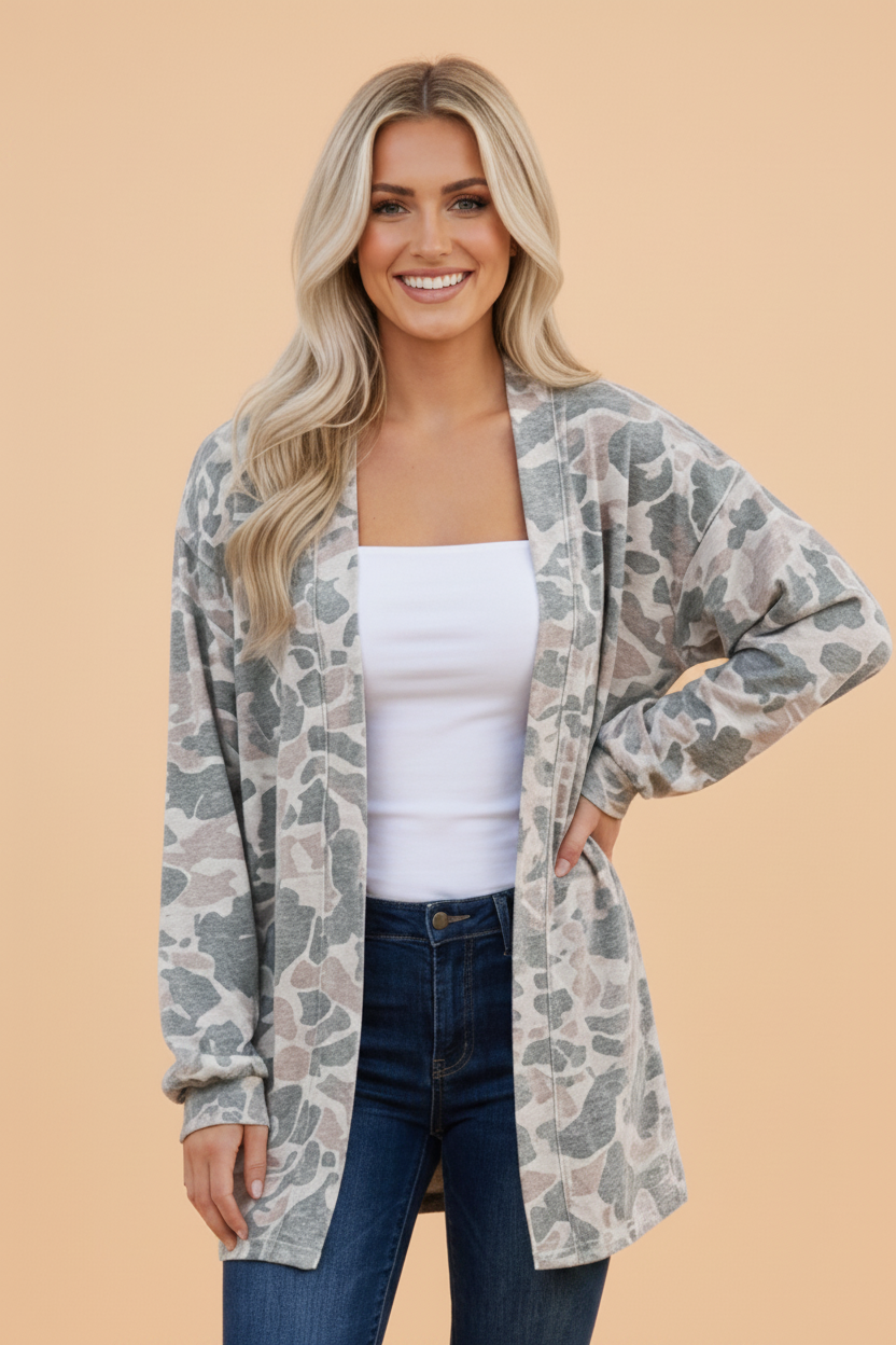 Camo Long Sleeve Open Front Tunic Cardigan