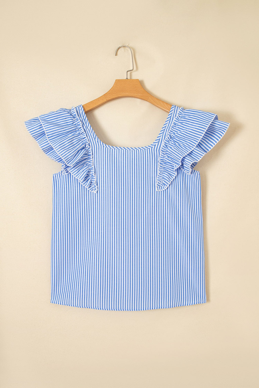 Striped bow-back blouse with ruffle sleeves and square neckline