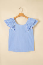 Striped bow-back blouse with ruffle sleeves and square neckline