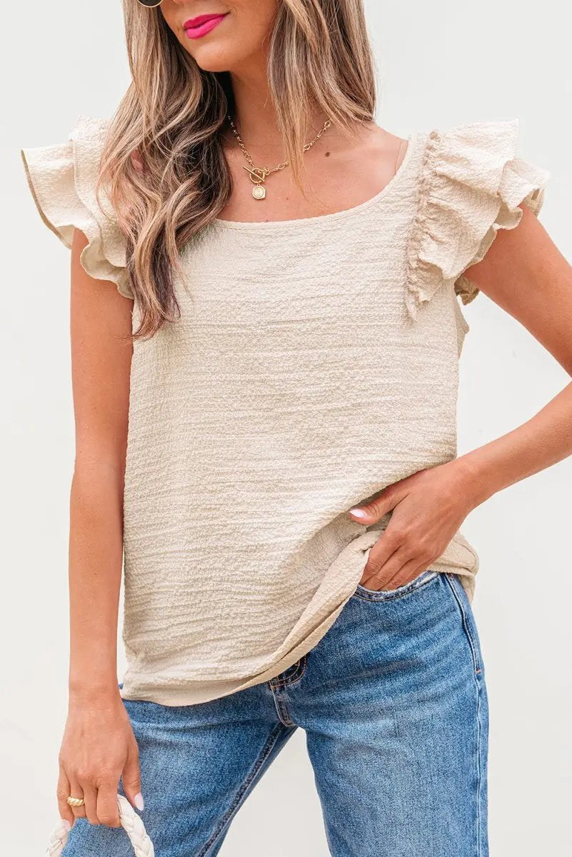 Pants Love Salve Beige Textured Blouse Women's Elegant Top: Bow Knot & Butterfly Sleeves