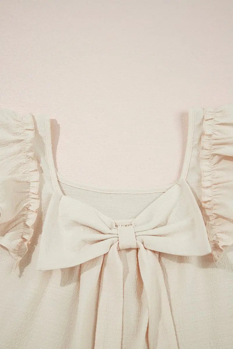 Pants Love Salve Beige Textured Blouse Women's Elegant Top: Bow Knot & Butterfly Sleeves