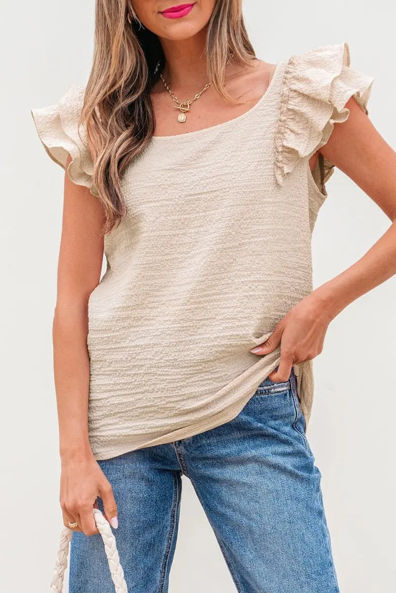 Pants Love Salve Beige Textured Blouse Women's Elegant Top: Bow Knot & Butterfly Sleeves