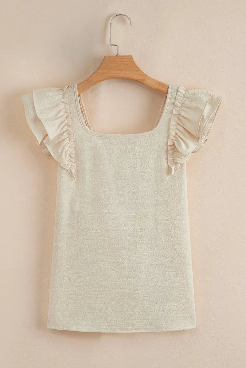 Pants Love Salve Beige Textured Blouse Women's Elegant Top: Bow Knot & Butterfly Sleeves
