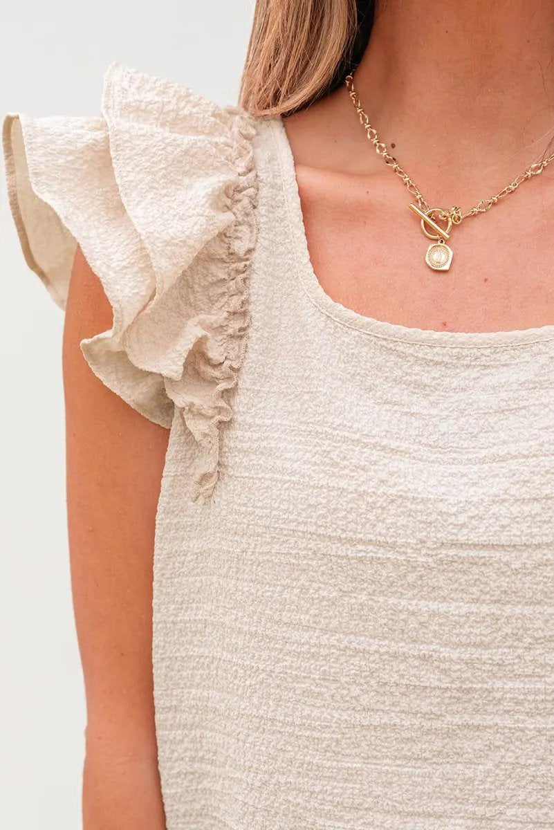 Pants Love Salve Beige Textured Blouse Women's Elegant Top: Bow Knot & Butterfly Sleeves