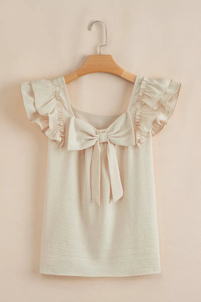 Pants Love Salve Beige Textured Blouse Women's Elegant Top: Bow Knot & Butterfly Sleeves